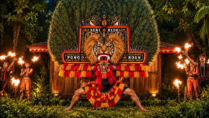 Pertunjukan seni budaya Reog Ponorogo Fire of The Legend dengan atraksi api di panggung terbuka