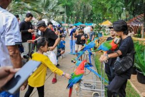 Anak perempuan berbaju kuning sedang mengelus burung makau berwarna-warni di area pameran satwa terbuka yang ramai pengunjung.