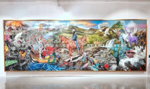 Lukisan panorama Destruction Ruins, Peace Paints karya SBY di dinding galeri.