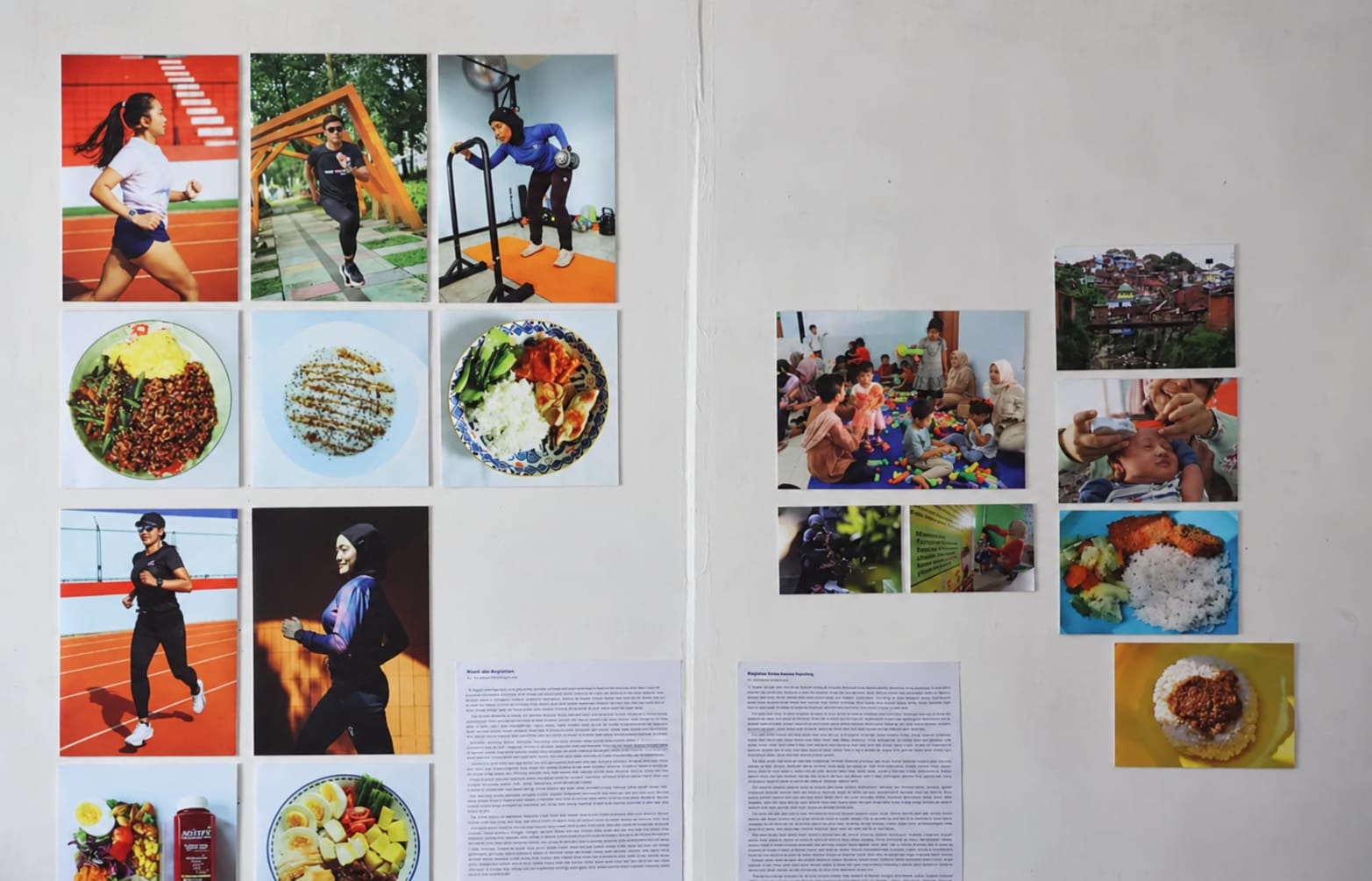 Kolase foto dokumenter tentang olahraga, makanan sehat, dan aktivitas masyarakat yang tertata rapi di dinding pameran.