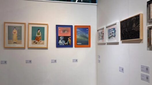 Deretan lukisan berbingkai kayu dan warna-warni yang dipajang rapi di dinding putih galeri seni, menampilkan potret figuratif dan ilustrasi abstrak.