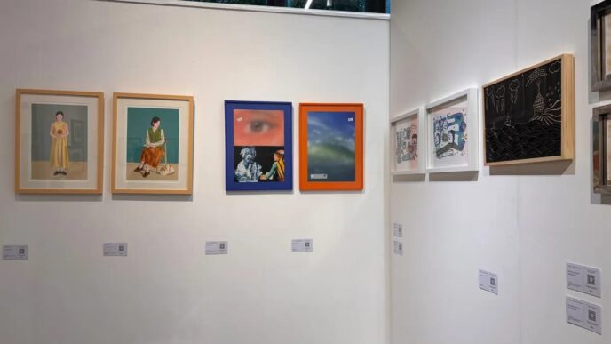 Deretan lukisan berbingkai kayu dan warna-warni yang dipajang rapi di dinding putih galeri seni, menampilkan potret figuratif dan ilustrasi abstrak.