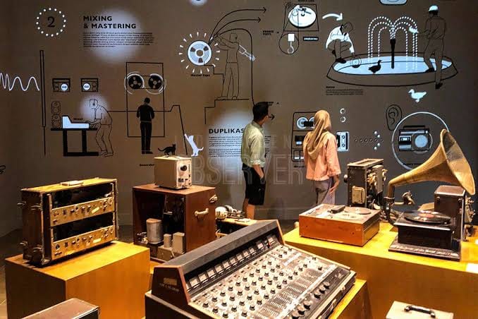Dua orang pengunjung melihat grafik infografis produksi musik di dinding, sementara bagian depan menampilkan berbagai peralatan audio vintage seperti konsol mixing, pemutar piringan hitam, dan gramofon.